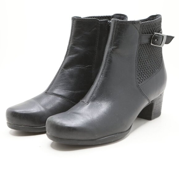 Clarks Artisan Black Leather Ankle Booties Comfort Zip Chelsea Block Heel Boots - Picture 4 of 13